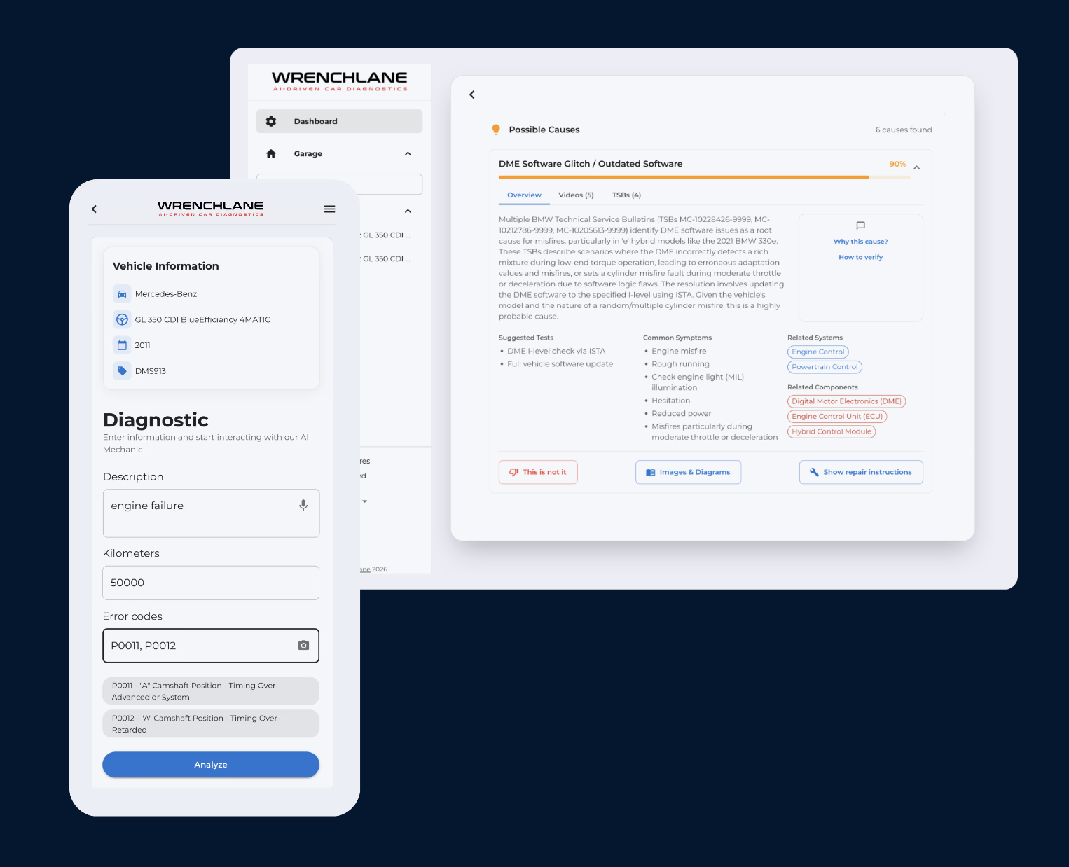 WrenchLane diagnostic dashboard and mobile app